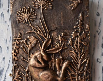 Sleeping Hare - Dormouse wall tile -Wall plaque-  Wall relief - Hand-made  - Wall art - Copper - Pewter - Bronze - Brass - Wax gilding