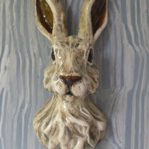 Wall Mounted Hare Head Sculpture: Hand-Painted Plaster Art - #9