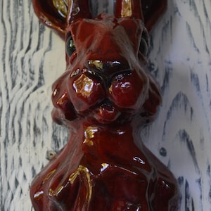 Hand-Painted Red Hare Sculpture: Wall Mounted Rabbit Head - Plaster Wall Art