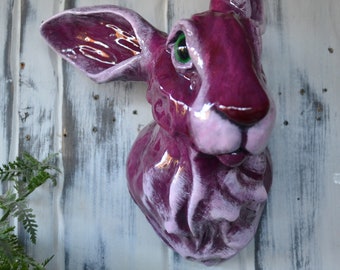COMMISSION LISTING -  Pink and white hare/rabbit with emerald green eyes - Hare head - Individual - Wall mounted - Wall art - Rabbit head