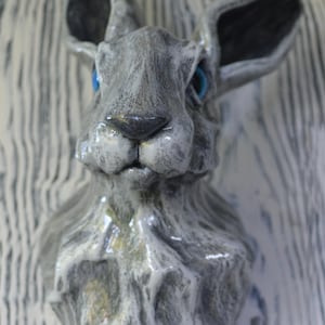 Grey Hare Head Wall Sculpture: Hand-Painted Mixed Media Wall Art