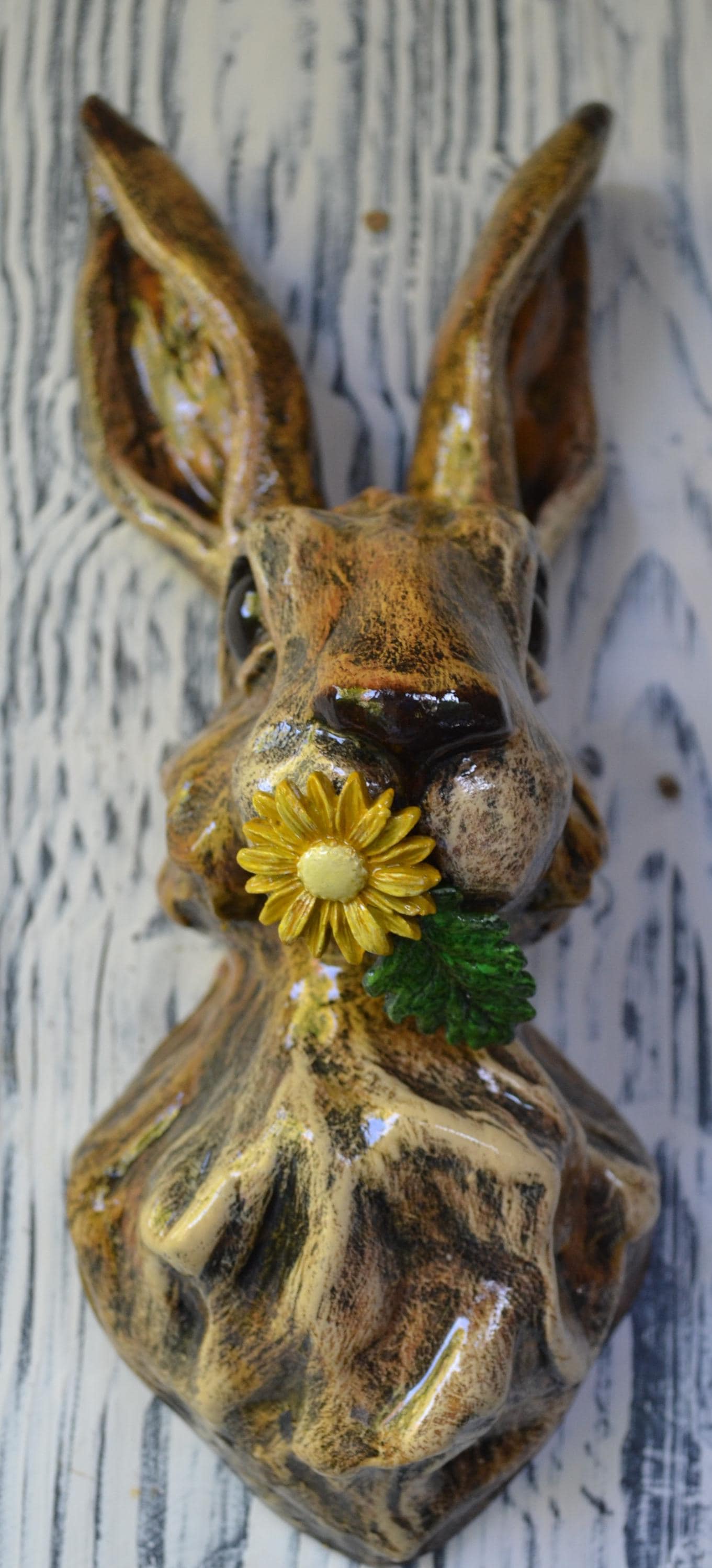 Made to order - Hare sculpture - Brown hare - Rabbit head - Wall mounted -Daisy -Hand-painted