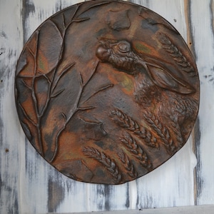 MADE TO ORDER - Moon gazing hare wall plaque - Rust effect - Pagan - Mythical