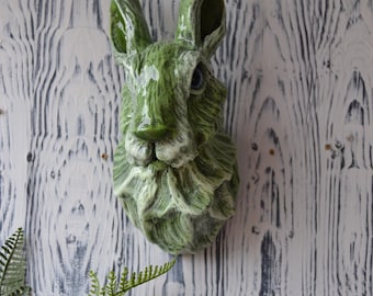 Green Hare Sculpture: Wall Mounted Mixed Media Animal Head