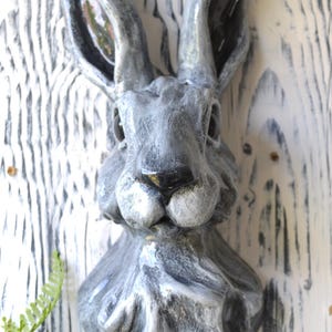 Peut inclure: Un buste de lièvre en céramique à fixer au mur, présentant une finition vieillie grise et blanche. La sculpture représente la tête et le cou d'un lièvre avec de longues oreilles dressées, des yeux sombres et une surface texturée détaillée.