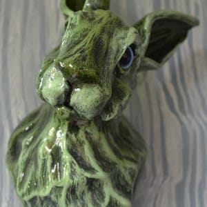 Green Rabbit Wall Sculpture: Emerald Eyes, Mixed Media Hare Art