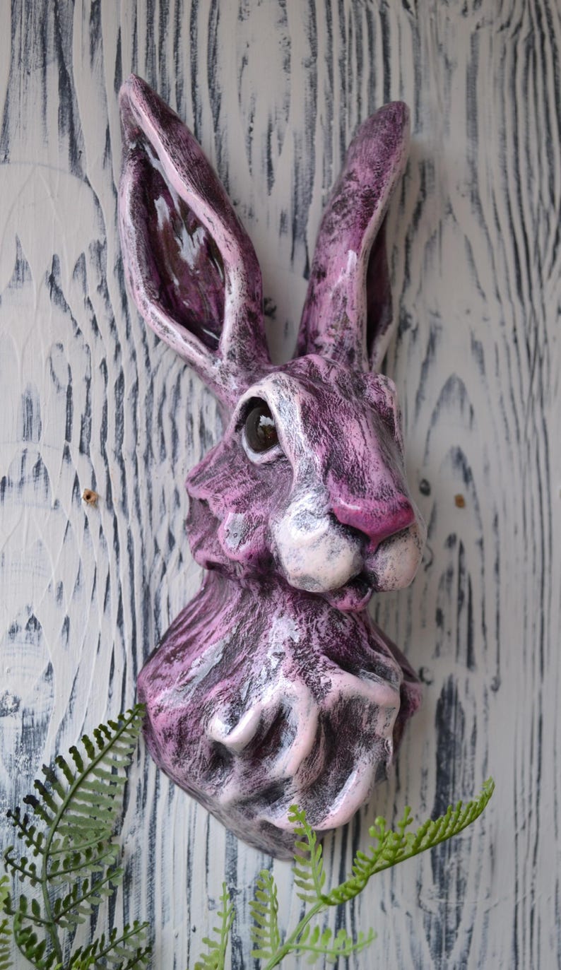 Hand-painted Plaster Rabbit Head Wall Sculpture - Orange, Green, Pink ...