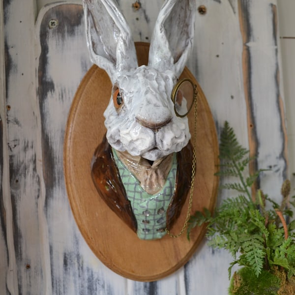 COMMISSION LISTING - White rabbit - Dapper hare with monocle on wood plaque - wall mounted