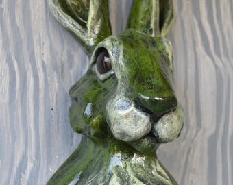 Green Hare Head Wall Sculpture: Hand-Painted Plaster Rabbit Art