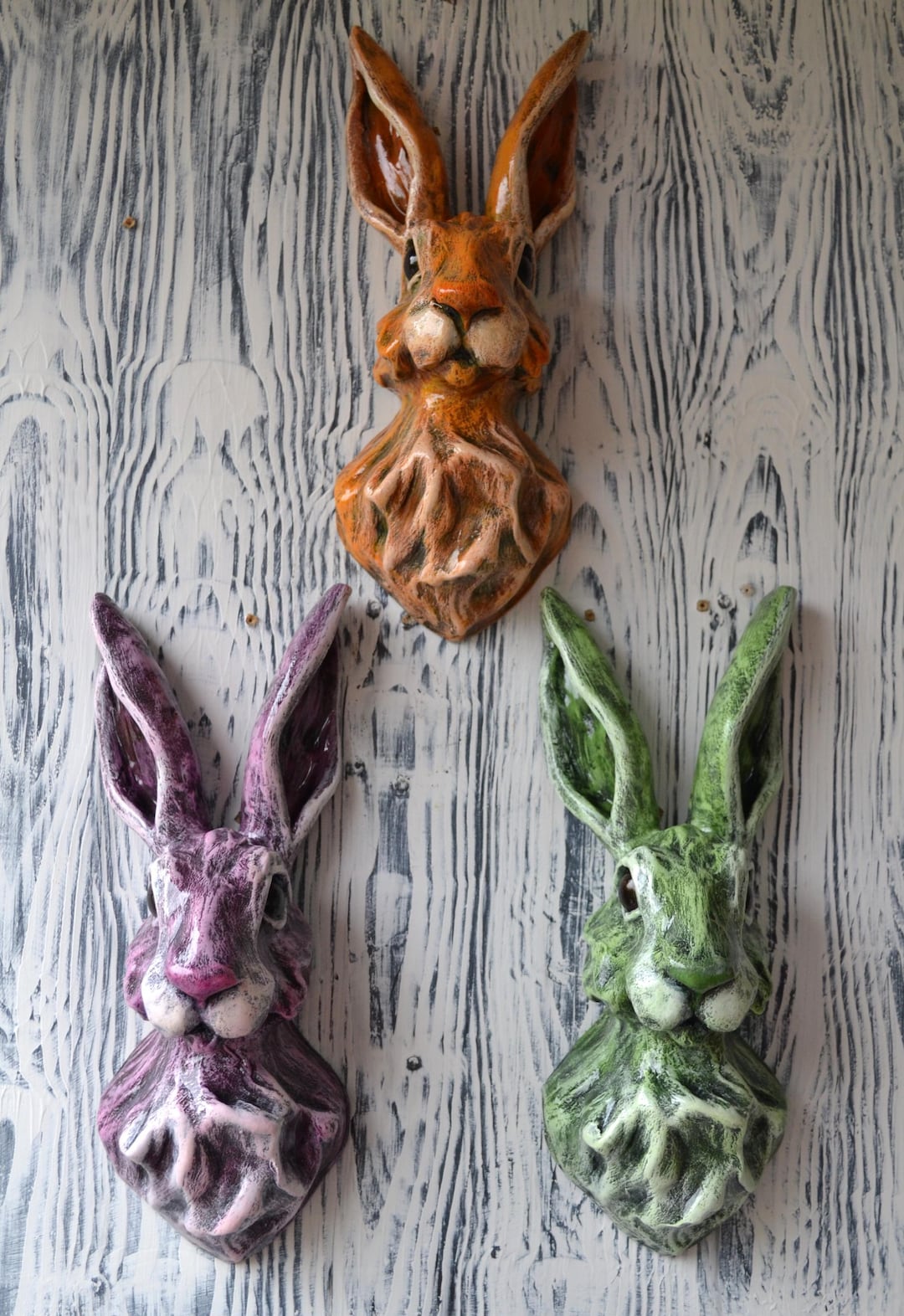 Hand-painted Plaster Rabbit Head Wall Sculpture - Orange, Green, Pink ...