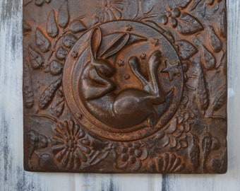 Made to order - Hare wall tile-  rust effect hare sculpture - wall relief - hand-made - plaster wall relief - wall art