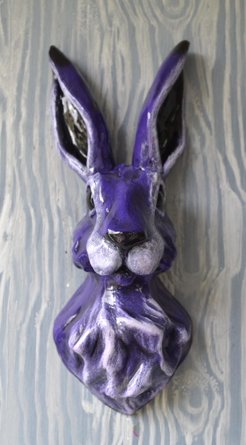 Purple Hare Head Wall Sculpture: Hand-painted Plaster Rabbit Art - Made ...