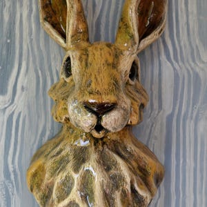 Hand-Painted Hare Head Wall Sculpture: Brown Rabbit Plaque