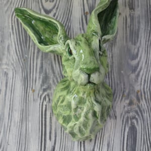 Green Hare Wall Sculpture: Emerald Eyes, Mixed Media Wall Art