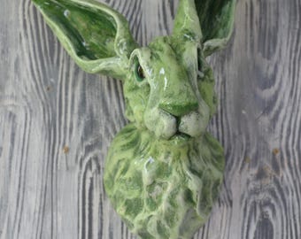 Green Hare Wall Sculpture: Emerald Eyes, Mixed Media Wall Art