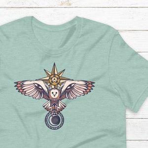 Celestial Barn Owl T-Shirt - Medieval Sun Moon Etching - Wings with Eyes