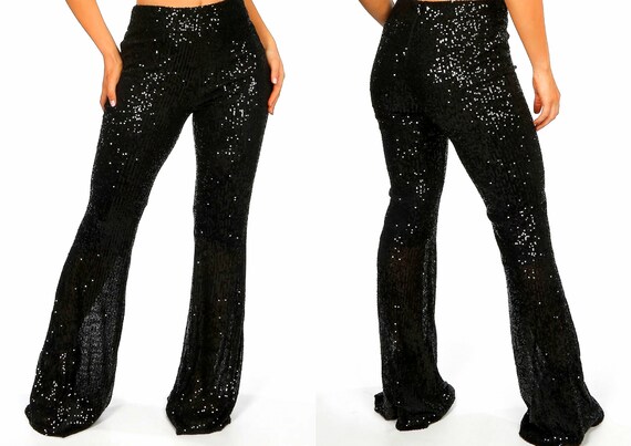 black sequin flared trousers