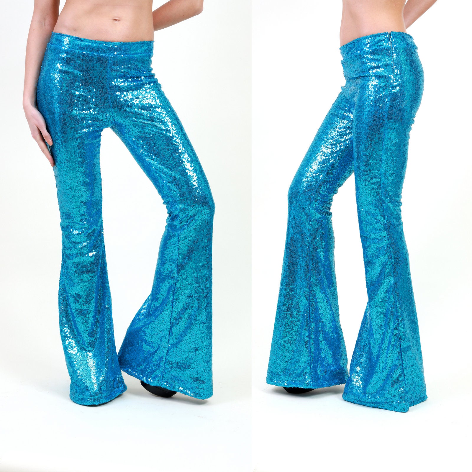 Blue Sequin Flare Pants Bell Bottoms 
