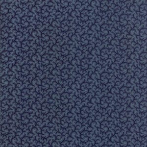 May include: A seamless fabric pattern in shades of blue. The design features a dense arrangement of swirling, vine-like elements in a darker blue against a lighter blue background. This textile is suitable for various sewing and crafting projects.