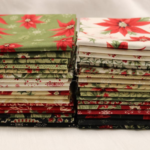 Poinsettia Plaza fat quarter bundle by 3 Sisters for Moda fabrics, 100% cotton, store cut and bundled, green or off white options, 18" x 22"
