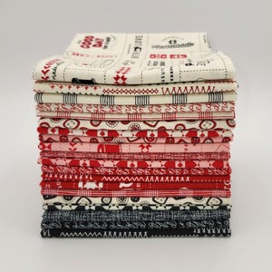 May include: Stack of 15 fabric squares in various red, black, and white patterns. The fabric squares feature a variety of designs, including polka dots, stripes, and geometric shapes. The fabric is a cotton blend and is suitable for quilting, sewing, and crafting.