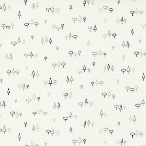 May include: Off-white fabric with a repeating pattern of stylized trees and numbers in shades of blue and green. The design features small triangles, circles, and tree-like shapes scattered across the surface.
