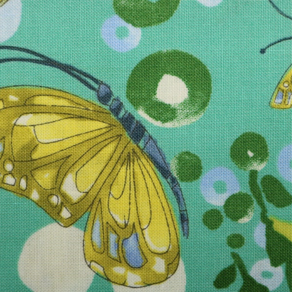 Cottage Bleu by Robin Pickens for Moda, 100% cotton, cut to order, price per yard, med. butterflies and circles on light green, #48691-14