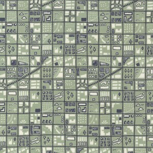 May include: A green and white fabric with a repeating pattern of a city map. The map features buildings, roads, and trees. The fabric is perfect for quilting, crafts, and home decor.