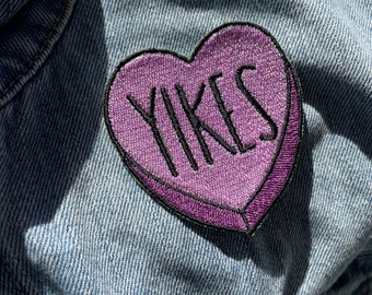 Candy Heart “yikes” embroidered iron-on patch, Valentine’s Day