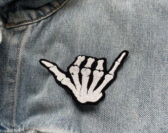 Skeleton hand “Surfs up” Shaka sign embroidered iron-on patch