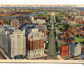 Parkway from City Hall showing P. R. R. Suburban Station Building Philadelphia Pennsylvania Postcard