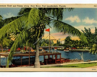 Pleasure Craft and Palms along New River Fort Lauderdale Florida Postcard