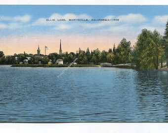 May include: A vintage postcard view of Ellis Lake in Marysville, California, featuring a calm blue lake in the foreground, a tree-lined shoreline, and a distant town skyline with church steeples and an American flag under a soft sky.