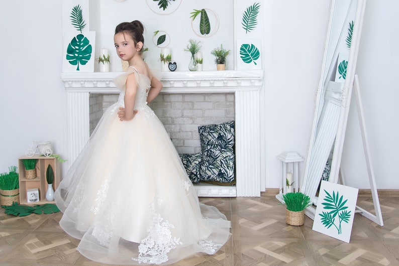 Tulle a-line girl dress flower girl dress with long skirt Lush baby girl dress tulle and lace girl dress