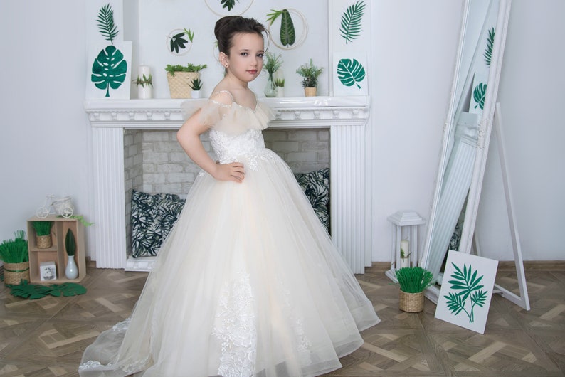 Tulle a-line girl dress flower girl dress with long skirt Lush baby girl dress tulle and lace girl dress