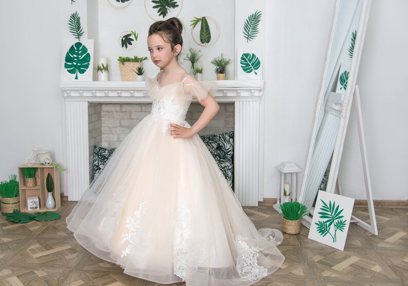 Tulle a-line girl dress flower girl dress with long skirt Lush baby girl dress tulle and lace girl dress