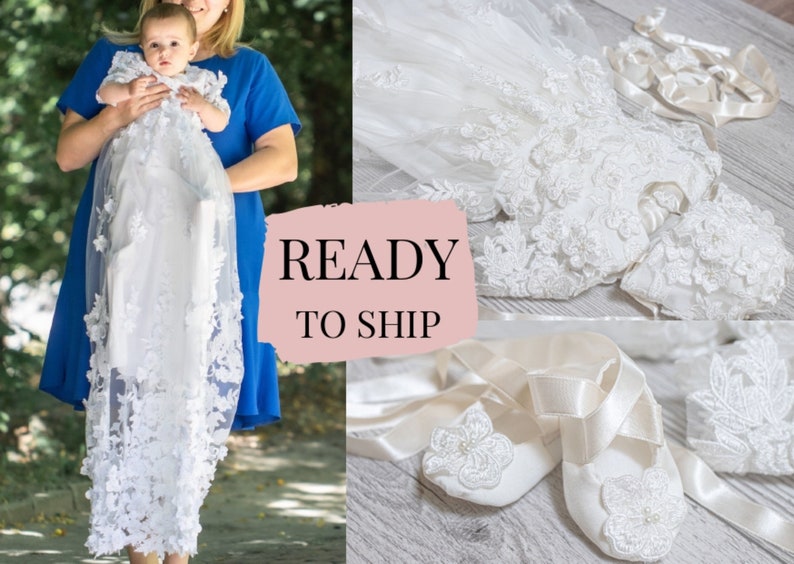 floral Baptism girl dress Ready to ship Baptism girl gown Christening Gown set Baptism girl gift