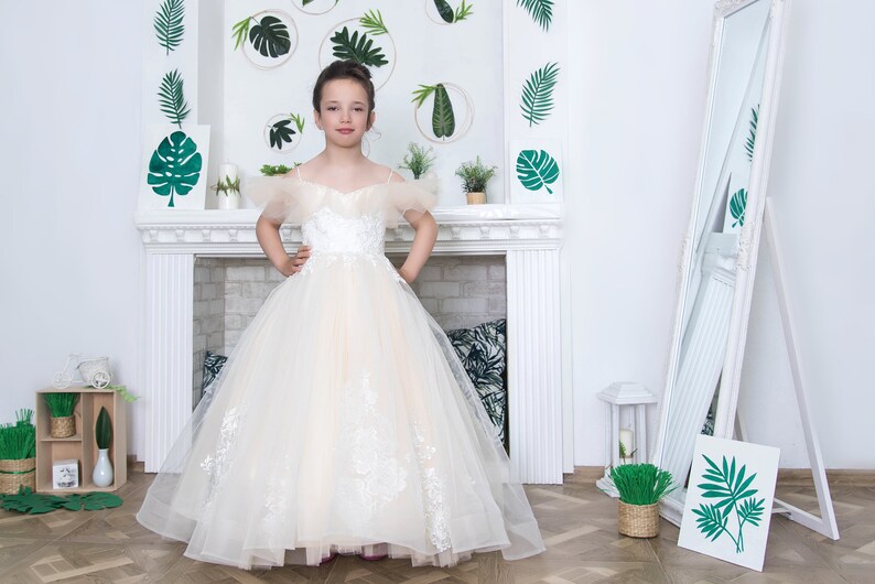 Tulle a-line girl dress flower girl dress with long skirt Lush baby girl dress tulle and lace girl dress