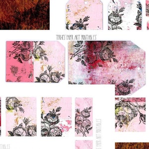Etiquetas Lady Rose's Garden, kit de papel digital, etiquetas florais rosa sujas, abas, placas de identificação, cartões de registro no diário, enfeites para diários indesejados