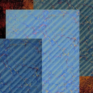 May include: Abstract art print featuring a layered design of blue and green patterned paper with a brown background.
