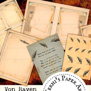 Kit numérique de papier d'Halloween pour carnets, cartes et agendas, collection Von Raven, 7 fichiers JPG plus 1 feuille de mots supplémentaire