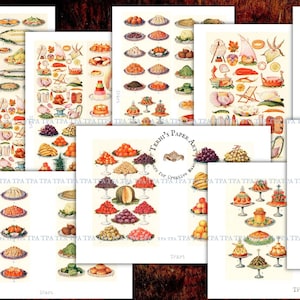 Livro de receitas e papéis de diário de cozinha, ilustrações de comida vintage, para etiquetas, cartões, cartões de registro no diário, 9 JPEGs, "Fine Dining"