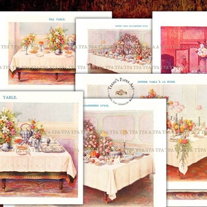 May include: Eight vintage digital papers featuring illustrations of beautifully set tables with floral arrangements, china, silverware, and glasses. The papers are perfect for creating invitations, cards, scrapbook pages, and other craft projects.