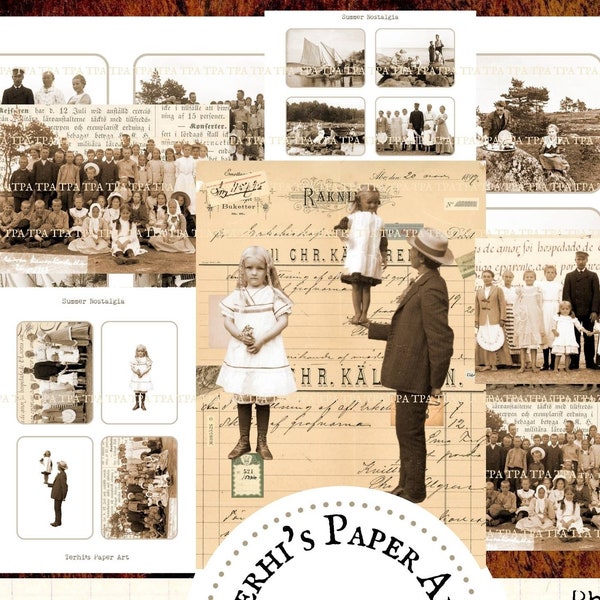 Antique photos and paper dolls for journals, cards and planners, "Summer Nostalgia", 12 A4 pages, 10 JPGs + 2 PNGs
