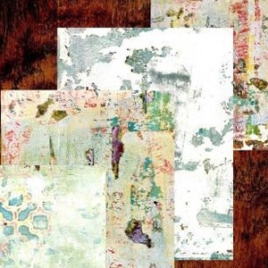 May include: Abstract art print with a collage of colorful, textured paper squares in shades of brown, white, blue, and green. The squares are arranged in a layered, overlapping pattern, creating a sense of depth and dimension.