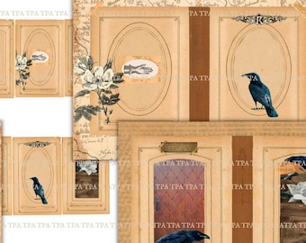 May include: Five digital collage sheets featuring a raven, flowers, and text. The sheets are designed for journals, cards, and planners. The text on the sheets reads "Poe's Raven" and "Corbean".