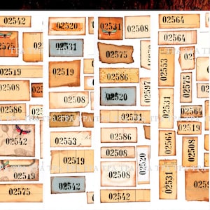 Grungy number snippets, stamped labels for journaling, card making, mixed media, scrapbooking, 6 JPEG, 11"x8.5", "Stamping machine numbers"