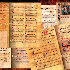 May include: Six vintage-style paper textures with musical notation and text in a medieval style. The papers are aged and have a yellowed, worn look. The text includes "In die penthecofs" and "gno v bequaedeft in pa".