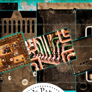 Papiers numériques sur le thème steampunk industriel, pages de journal, papier pour la fabrication de cartes, « pièces de machine rouillées du Dr Von Raven » A4, 7 fichiers JPEG