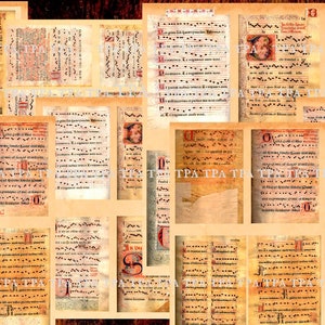 Tags e cartões de registro no diário, partituras medievais para junkjournaling, confecção de cartões, mídia mista 8 JPEGs, A4 "Monastery 1327"